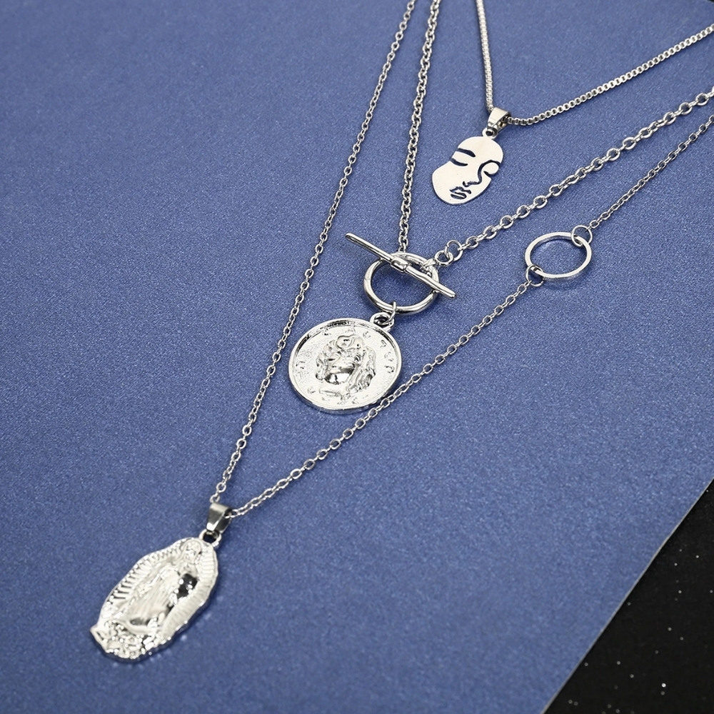 Silver Coin Layered Pendant Necklace Chain Face Head - Picture 7 of 7